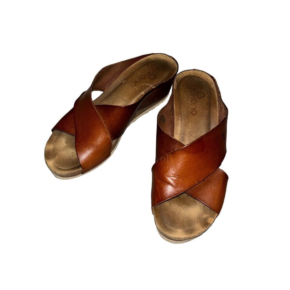 Yokono Womens‎ Brown Leather Cross Strap Wedge Sandals Shoes SZ 9 Made in Spain
